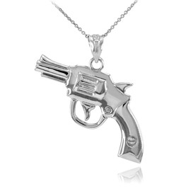 Solid White Gold Revolver Gun Pendant Necklace