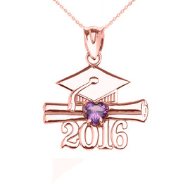 Rose Gold Heart Purple CZ FebruaryBirthstone Class of 2016 Graduation Pendant Necklace