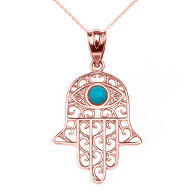 Hamsa Hand With Turquoise Evil Eye Pendant Necklace