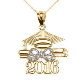 Yellow Gold Class of 2016 Graduation Cap Pendant Necklace with Diamond