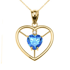 Elegant Yellow Gold Blue Topaz and Diamond Solitaire Heart Pendant Necklace