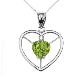 Elegant White Gold Peridot and Diamond Solitaire Heart Pendant Necklace