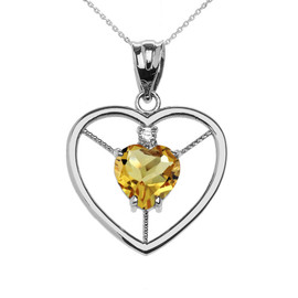 Elegant Sterling Silver Diamond and November Birthstone Yellow Heart Solitaire Pendant Necklace