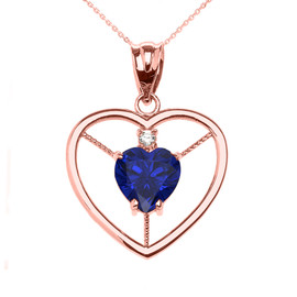 Elegant Rose Gold Diamond and September Birthstone Blue CZ Heart Solitaire Pendant Necklace