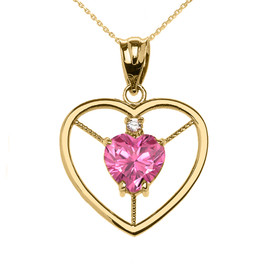 Elegant Yellow Gold Diamond and October Birthstone Pink CZ Heart Solitaire Pendant Necklace