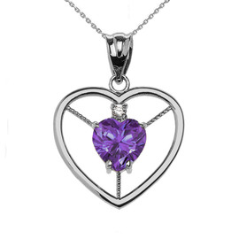 Elegant Sterling Silver Diamond and June Birthstone Light Purple CZ Heart Solitaire Pendant Necklace