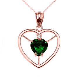 Elegant Rose Gold Diamond and May Birthstone Green CZ Heart Solitaire Pendant Necklace