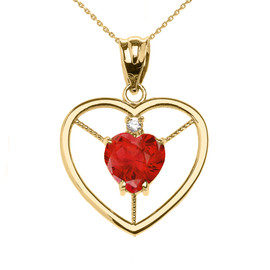 Elegant Yellow Gold Diamond and July Birthstone Red CZ Heart Solitaire Pendant Necklace