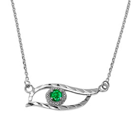 Sterling Silver Diamond Cut Lab Created Emerald  Evil Eye Pendant Necklace
