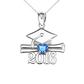 White Gold Heart December Birthstone Light Blue CZ Class of 2016 Graduation Pendant Necklace