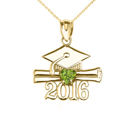 Yellow Gold Heart August Birthstone Light Green Cz Class of 2016 Graduation Pendant Necklace