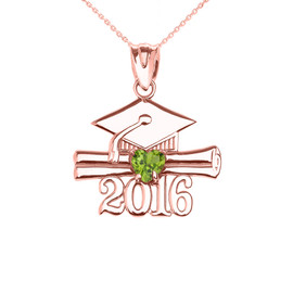 Rose Gold Heart August Birthstone Light Green Cz Class of 2016 Graduation Pendant Necklace