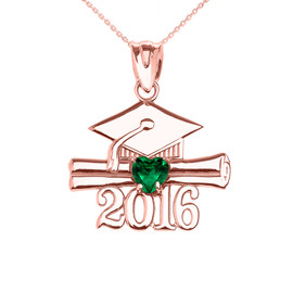 Rose Gold Heart May Birthstone Green Cz Class of 2016 Graduation Pendant Necklace