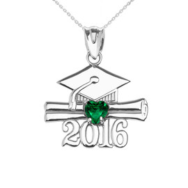 White Gold Heart May Birthstone Green Cz Class of 2016 Graduation Pendant Necklace