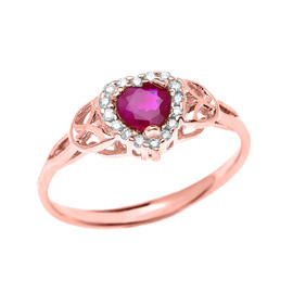 Elegant Rose Gold Diamond and Ruby Heart Trinity Knot Engagement Proposal Ring