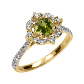 Yellow Gold Genuine Peridot And Diamond Dainty Engagement Proposal Ring