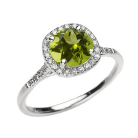 White Gold Halo Diamond and Genuine Peridot Dainty Engagement Proposal Ring