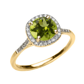 Yellow Gold Halo Diamond and Genuine Peridot Dainty Engagement Proposal Ring