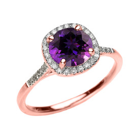 Rose Gold Halo Diamond and Genuine Amethyst Dainty Engagement Proposal Ring