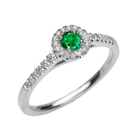 White Gold Diamond and Emerald Dainty Engagement Proposal Ring