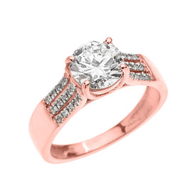Rose Gold Three Row Micro Pave Diamond Set Engagement Ring with Center-stone CZ (Cubic Zirconia)