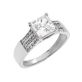 White Gold Three Row Micro Pave Diamond Set Engagement Ring with Princess Cut Center-stone CZ (Cubic Zirconia)
