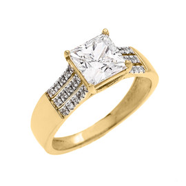 Yellow Gold Three Row Micro Pave Diamond Set Engagement Ring with Princess Cut Center-stone CZ (Cubic Zirconia)