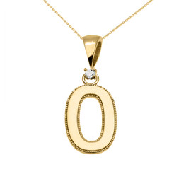 Yellow Gold High Polish Milgrain Solitaire Diamond "O" Initial Pendant Necklace