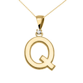 Yellow Gold High Polish Milgrain Solitaire Diamond "Q" Initial Pendant Necklace