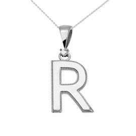 White Gold High Polish Milgrain Solitaire Diamond "R" Initial Pendant Necklace
