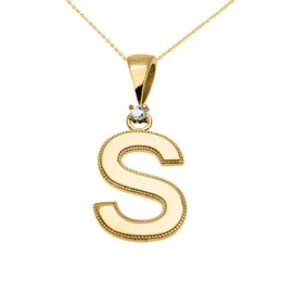 Yellow Gold High Polish Milgrain Solitaire Diamond "S" Initial Pendant Necklace