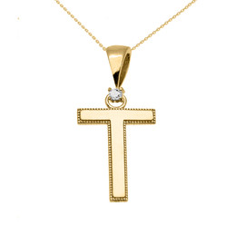 Yellow Gold High Polish Milgrain Solitaire Diamond "T" Initial Pendant Necklace