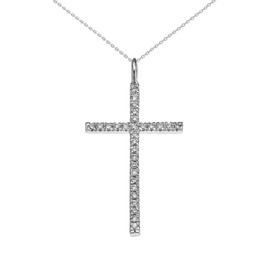 White Gold Dainty Cubic Zirconia Cross Pendant Necklace