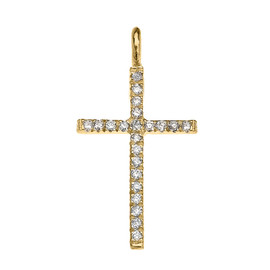 Yellow Gold Cubic Zirconia Fine Cross Pendant Necklace