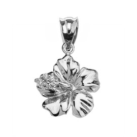 White Gold Caribbean Hibiscus (Malvaceae) Dainty Diamond Pendant Necklace