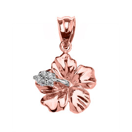 Rose Gold Caribbean Hibiscus (Malvaceae) Dainty Cubic Zirconia Pendant Necklace