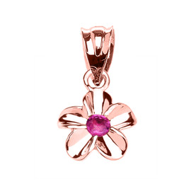 Delicate Rose Gold Hawaiian Plumeria Pinkish Red CZ Charm Pendant Necklace