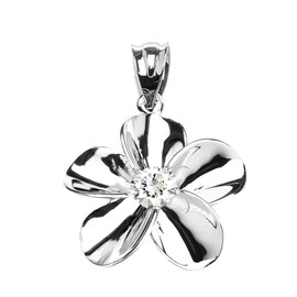 White Gold Hawaiian Plumeria Cubic Zirconia Pendant Necklace