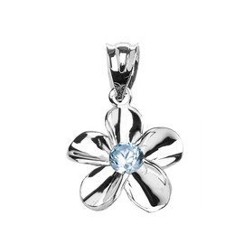 White Gold Hawaiian Plumeria Blue Zircon Elegant Pendant Necklace