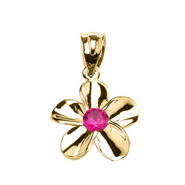 Yellow Gold Hawaiian Plumeria Red CZ Elegant Pendant Necklace