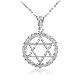 Silver Jewish Star of David in Circle Rope Pendant Necklace