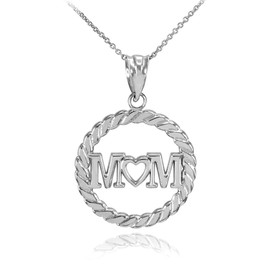 Silver MOM Heart in Circle Rope Pendant Necklace