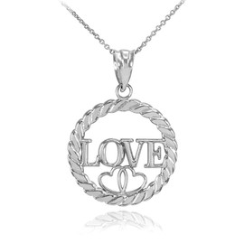 White Gold LOVE Hearts in Circle Rope Pendant Necklace