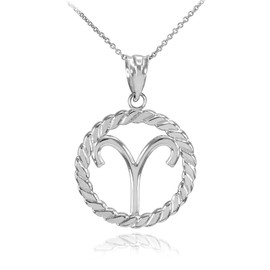 Sterling Silver Aries Zodiac Sign in Circle Rope Pendant Necklace