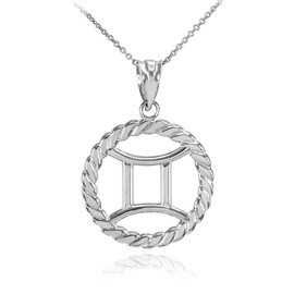 Sterling Silver Gemini Zodiac Sign in Circle Rope Pendant Necklace