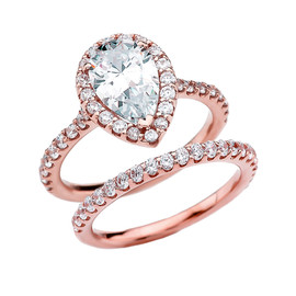 Pear Shape Solitaire Elegant Rose Gold Cubic Zirconia Engagement Wedding Ring Set
