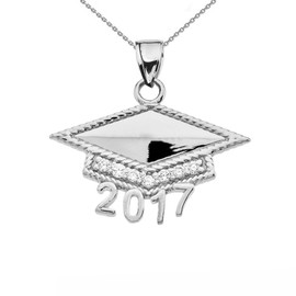 White Gold  Class of 2017 Graduation Cap with Diamond Pendant Necklace