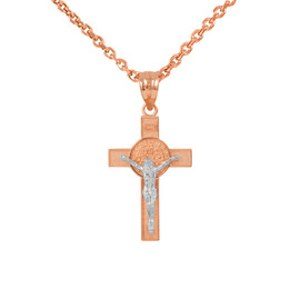 Two Tone Rose Gold and White Gold St. Benedict Crucifix Pendant Necklace  (1.10")