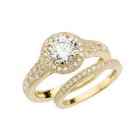 Yellow Gold Art Deco Wedding Ring Set With Cubic Zirconia