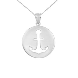 White Gold Anchor Silhouette Circle Pendant Necklace